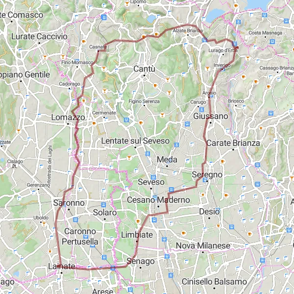 Miniaturní mapa "Gravelová trasa Cesano Maderno" inspirace pro cyklisty v oblasti Lombardia, Italy. Vytvořeno pomocí plánovače tras Tarmacs.app