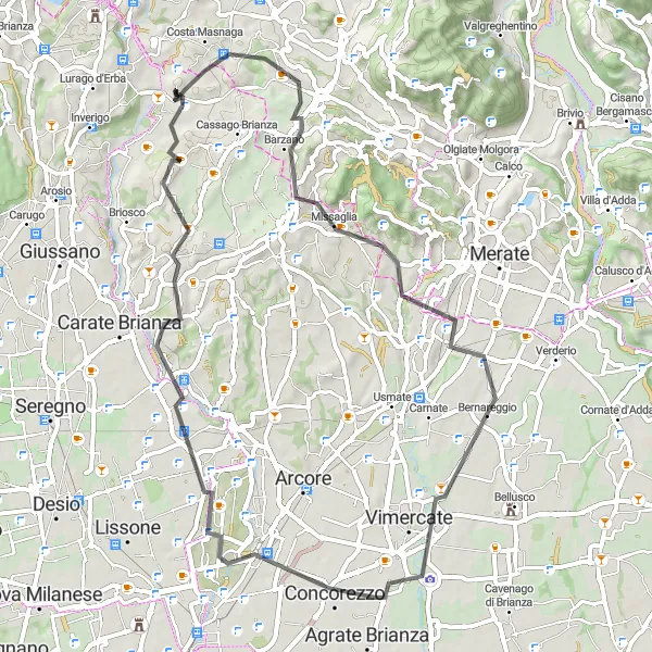 Miniatura della mappa di ispirazione al ciclismo "Giro in bicicletta da Lambrugo passando per Ronco Briantino e Triuggio" nella regione di Lombardia, Italy. Generata da Tarmacs.app, pianificatore di rotte ciclistiche