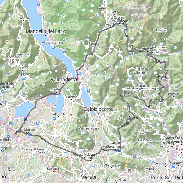 Zemljevid v pomanjšavi "Rogeno do Brivia: Velika izziv kolesarjenja v Lombardiji" kolesarske inspiracije v Lombardia, Italy. Generirano z načrtovalcem kolesarskih poti Tarmacs.app
