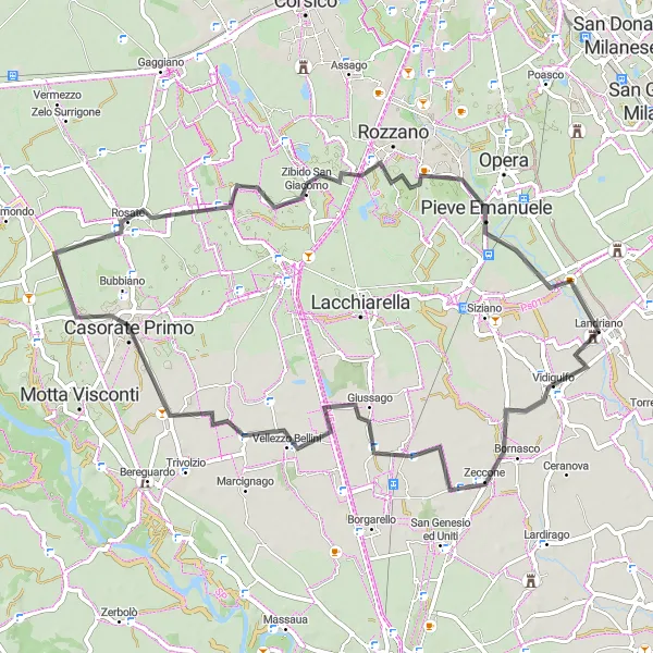 Map miniature of "Landriano to Pieve Emanuele Loop via Noviglio" cycling inspiration in Lombardia, Italy. Generated by Tarmacs.app cycling route planner