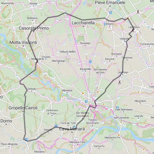 Map miniature of "Road Cycling Adventure from Landriano to Pavia" cycling inspiration in Lombardia, Italy. Generated by Tarmacs.app cycling route planner