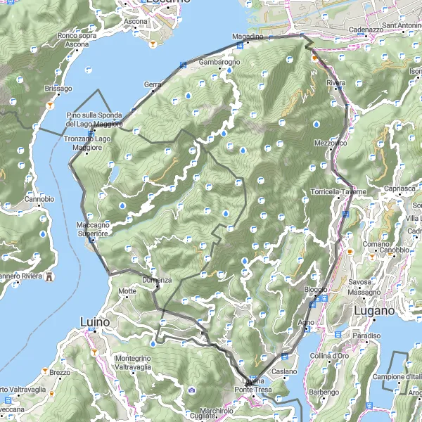 Miniatua del mapa de inspiración ciclista "Ruta escénica por carretera a Monte San Giorgio" en Lombardia, Italy. Generado por Tarmacs.app planificador de rutas ciclistas