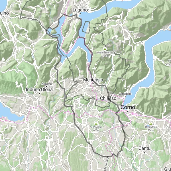 Map miniature of "Lake Lugano and Swiss Border Loop" cycling inspiration in Lombardia, Italy. Generated by Tarmacs.app cycling route planner