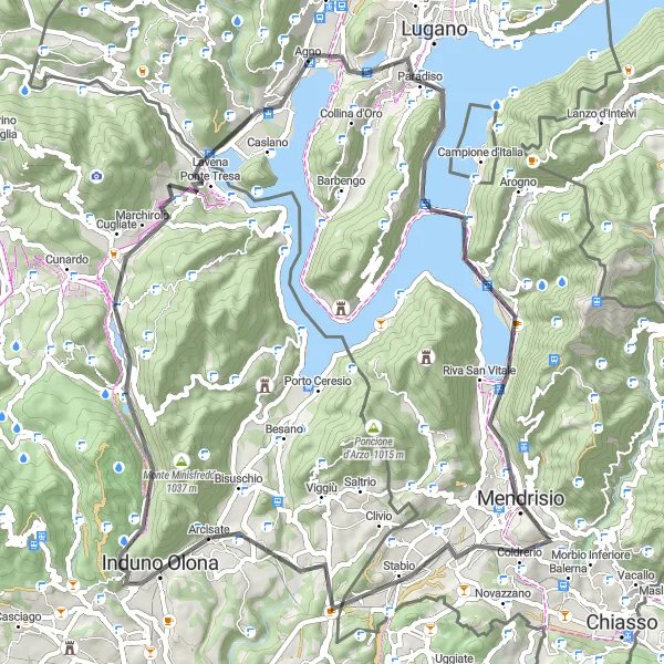 Miniatura della mappa di ispirazione al ciclismo "Giro ai Laghi: Lavena Ponte Tresa - Monte Monarco" nella regione di Lombardia, Italy. Generata da Tarmacs.app, pianificatore di rotte ciclistiche