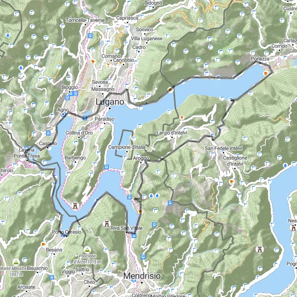 Miniature de la carte de l'inspiration cycliste "Le Défi des Montagnes de Lugano" dans la Lombardia, Italy. Générée par le planificateur d'itinéraire cycliste Tarmacs.app