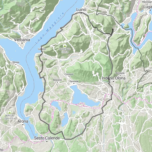 Kartminiatyr av "Lavena Ponte Tresa - Monte La Torre - Luino" sykkelinspirasjon i Lombardia, Italy. Generert av Tarmacs.app sykkelrutoplanlegger