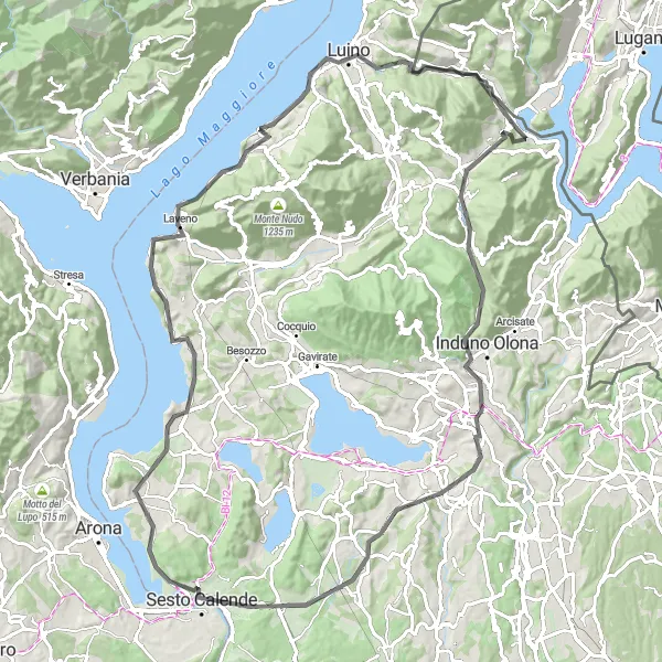 Miniature de la carte de l'inspiration cycliste "Exploration des Rives du Lac Majeur" dans la Lombardia, Italy. Générée par le planificateur d'itinéraire cycliste Tarmacs.app