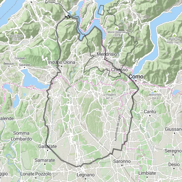 Kartminiatyr av "Monte Caslano till Marchirolo" cykelinspiration i Lombardia, Italy. Genererad av Tarmacs.app cykelruttplanerare