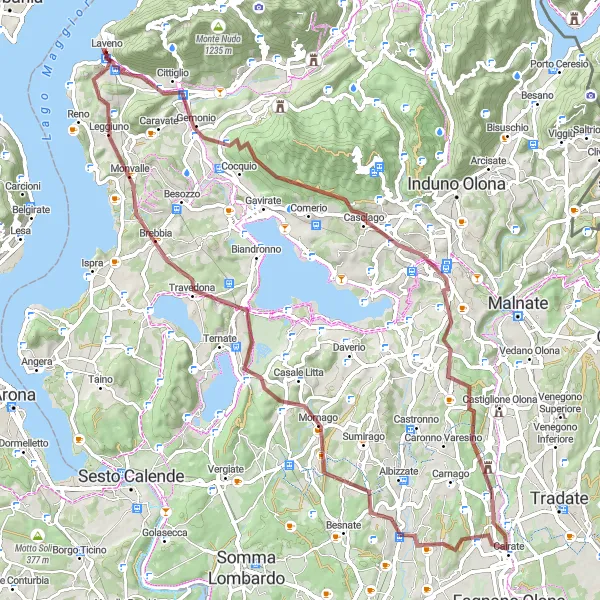 Miniatura della mappa di ispirazione al ciclismo "Sentieri di Ghiaia intorno a Laveno" nella regione di Lombardia, Italy. Generata da Tarmacs.app, pianificatore di rotte ciclistiche
