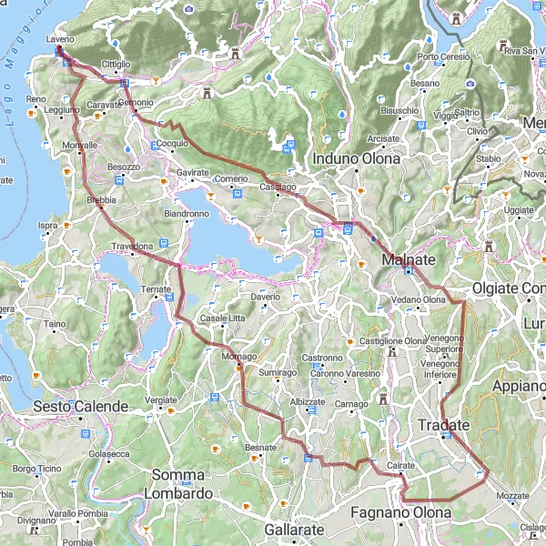 Miniatua del mapa de inspiración ciclista "Ruta de grava de Laveno a Brebbia y Monte Brianza" en Lombardia, Italy. Generado por Tarmacs.app planificador de rutas ciclistas