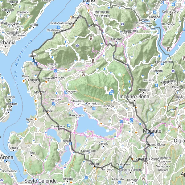 Map miniature of "Laveno to Monte Brianza via Castiglione Olona" cycling inspiration in Lombardia, Italy. Generated by Tarmacs.app cycling route planner