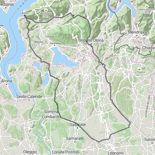 Map miniature of "Laveno Route" cycling inspiration in Lombardia, Italy. Generated by Tarmacs.app cycling route planner