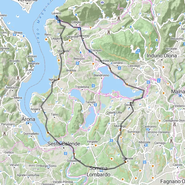 Mapa miniatúra "Cycling around Lake Varese" cyklistická inšpirácia v Lombardia, Italy. Vygenerované cyklistickým plánovačom trás Tarmacs.app