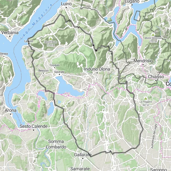 Map miniature of "Laveno to Monte Brianza via Cuasso al Monte" cycling inspiration in Lombardia, Italy. Generated by Tarmacs.app cycling route planner