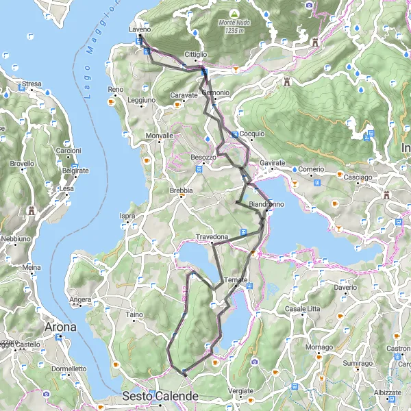Map miniature of "Lake Varese and Surroundings" cycling inspiration in Lombardia, Italy. Generated by Tarmacs.app cycling route planner