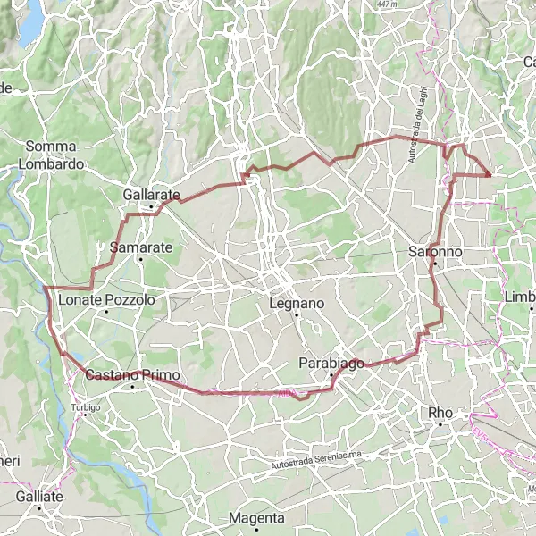 Map miniature of "Lazzate - Lainate - Parabiago - Castano Primo - Tornavento - Gallarate - Fenegrò - Misinto" cycling inspiration in Lombardia, Italy. Generated by Tarmacs.app cycling route planner