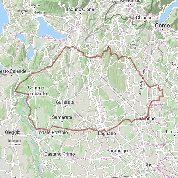 Miniatua del mapa de inspiración ciclista "Aventura extrema: Rescaldina, Ferno, Monte Belvedere, Golasecca, Monte La Torre, Buguggiate, Castiglione Olona, Guanzate y Cascina Lavezzari" en Lombardia, Italy. Generado por Tarmacs.app planificador de rutas ciclistas