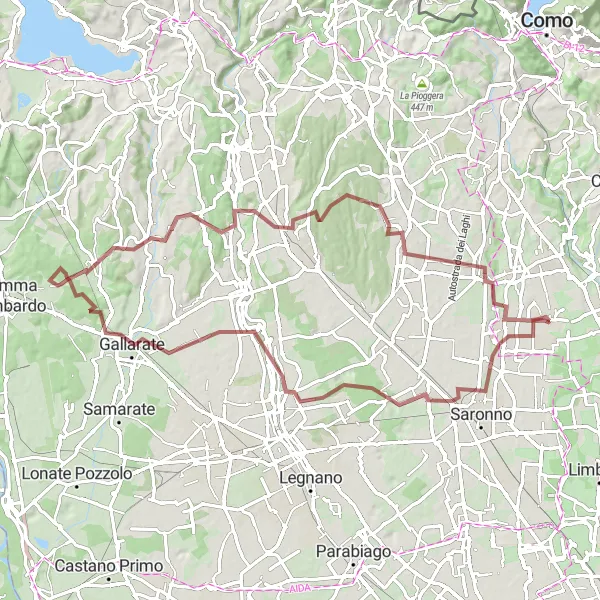 Miniatua del mapa de inspiración ciclista "Épica ruta de grava por Gerenzano, Gorla Minore, Monte Marino, Tradate y Fenegrò" en Lombardia, Italy. Generado por Tarmacs.app planificador de rutas ciclistas