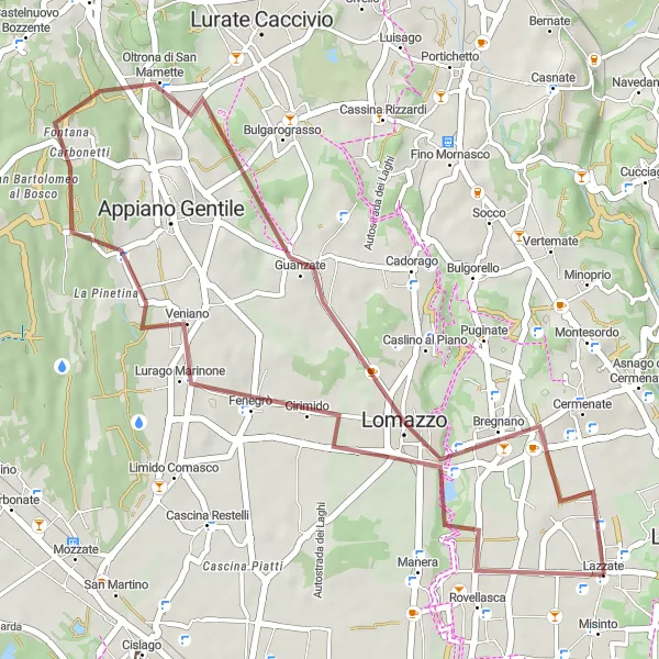 Miniatua del mapa de inspiración ciclista "Ruta de grava a través de Veniano, Oltrona di San Mamette, Guanzate y Bregnano" en Lombardia, Italy. Generado por Tarmacs.app planificador de rutas ciclistas