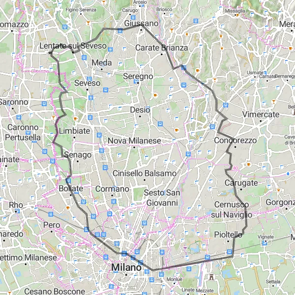 Miniatura della mappa di ispirazione al ciclismo "Tra Giussano e Misinto in Bicicletta" nella regione di Lombardia, Italy. Generata da Tarmacs.app, pianificatore di rotte ciclistiche