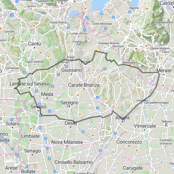 Map miniature of "Lazzate - Arosio - Terrazza Belvedere - Arcore - Cesano Maderno - Camnago" cycling inspiration in Lombardia, Italy. Generated by Tarmacs.app cycling route planner