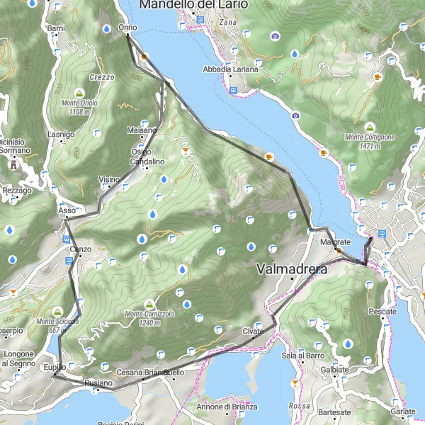Kartminiatyr av "Eventyr rundt Lecco og Belvedere" sykkelinspirasjon i Lombardia, Italy. Generert av Tarmacs.app sykkelrutoplanlegger