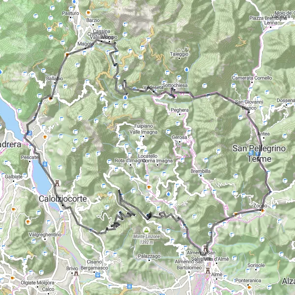 Map miniature of "Mountain Challenge: Exploring San Pellegrino Terme and San Giovanni Bianco" cycling inspiration in Lombardia, Italy. Generated by Tarmacs.app cycling route planner