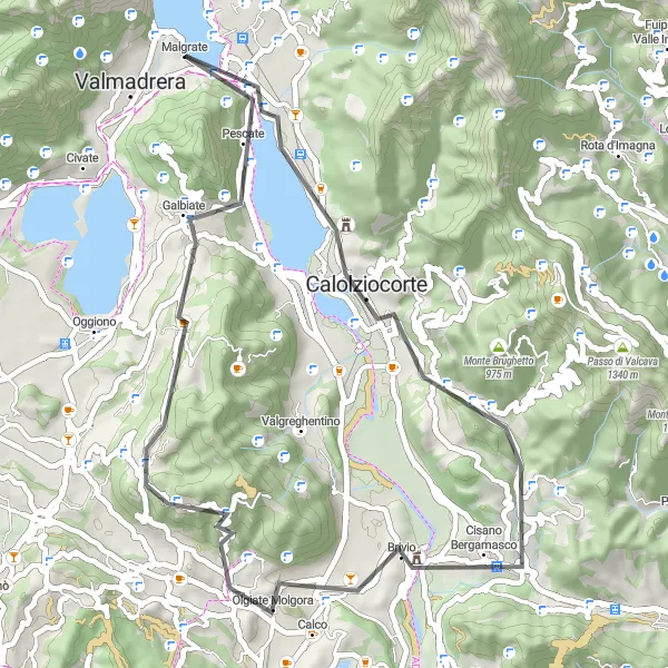 Map miniature of "Lecco to I Corno Loop" cycling inspiration in Lombardia, Italy. Generated by Tarmacs.app cycling route planner