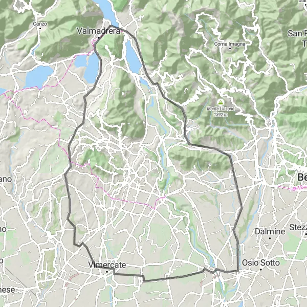 Map miniature of "Scenic Beauty: From Calolziocorte to Vimercate" cycling inspiration in Lombardia, Italy. Generated by Tarmacs.app cycling route planner