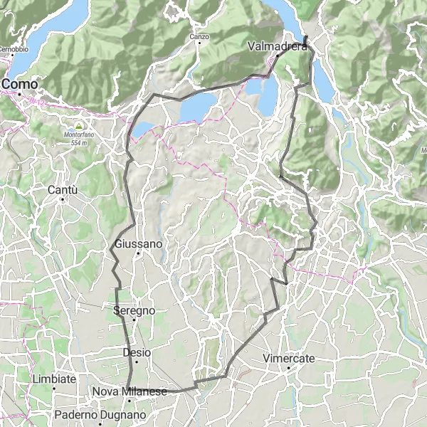 Map miniature of "The Road Less Traveled: From Lecco to Arcore" cycling inspiration in Lombardia, Italy. Generated by Tarmacs.app cycling route planner