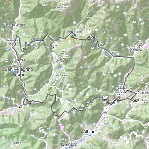 Miniatua del mapa de inspiración ciclista "Circuito en carretera por Gazzaniga, Zogno y Passo della Crocetta" en Lombardia, Italy. Generado por Tarmacs.app planificador de rutas ciclistas