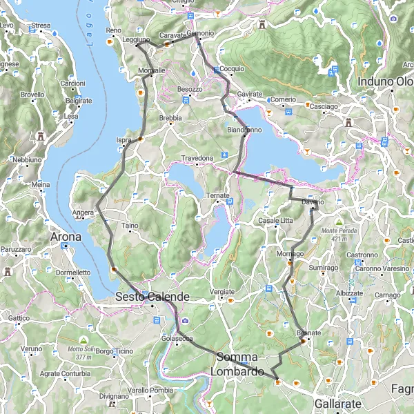 Miniaturní mapa "Okruh kolem Leggiuno" inspirace pro cyklisty v oblasti Lombardia, Italy. Vytvořeno pomocí plánovače tras Tarmacs.app