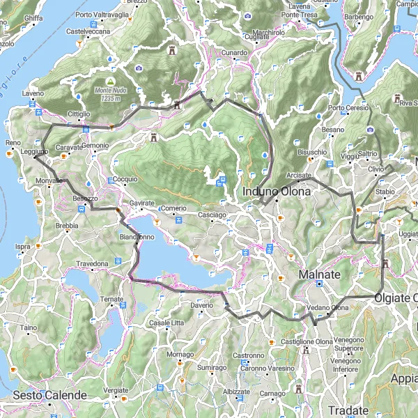 Miniatura della mappa di ispirazione al ciclismo "Avventura Ciclistica da Leggiuno a Lake Varese" nella regione di Lombardia, Italy. Generata da Tarmacs.app, pianificatore di rotte ciclistiche