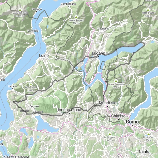 Miniatua del mapa de inspiración ciclista "Desafío de Monte dei Pizzoni y Porlezza" en Lombardia, Italy. Generado por Tarmacs.app planificador de rutas ciclistas