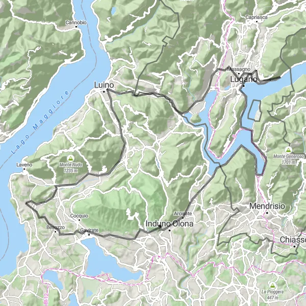 Miniatura della mappa di ispirazione al ciclismo "Tour panoramico da Leggiuno a Porto Ceresio" nella regione di Lombardia, Italy. Generata da Tarmacs.app, pianificatore di rotte ciclistiche