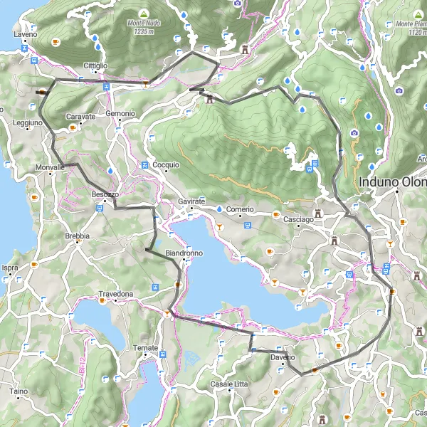 Mapa miniatúra "Road Adventure near Leggiuno" cyklistická inšpirácia v Lombardia, Italy. Vygenerované cyklistickým plánovačom trás Tarmacs.app