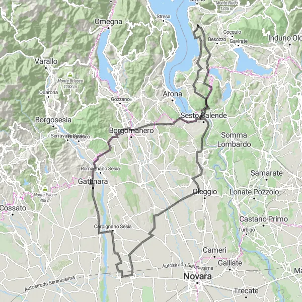 Kartminiatyr av "Oppdag Vicolungo og Gattinara" sykkelinspirasjon i Lombardia, Italy. Generert av Tarmacs.app sykkelrutoplanlegger