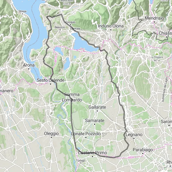 Miniaturní mapa "Cyklistická cesta kolem jezera Varese" inspirace pro cyklisty v oblasti Lombardia, Italy. Vytvořeno pomocí plánovače tras Tarmacs.app