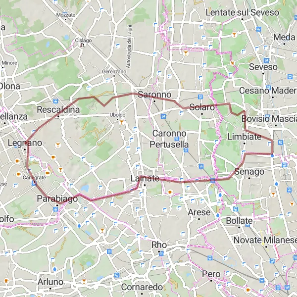 Miniatura della mappa di ispirazione al ciclismo "Brevi giri in ghiaia intorno a Legnano" nella regione di Lombardia, Italy. Generata da Tarmacs.app, pianificatore di rotte ciclistiche