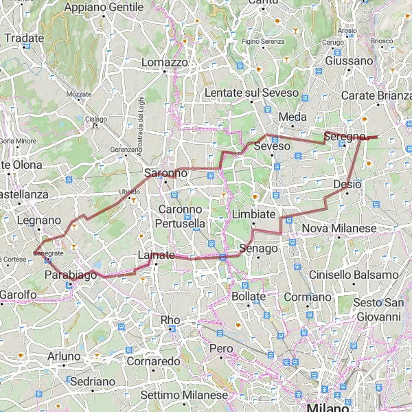 Miniatura della mappa di ispirazione al ciclismo "Il Giro dei Comuni del Parco delle Groane" nella regione di Lombardia, Italy. Generata da Tarmacs.app, pianificatore di rotte ciclistiche