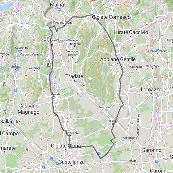 Karttaminiaatyyri "Legnano - Fagnano Olona - Castiglione Olona - Appiano Gentile - Cislago" pyöräilyinspiraatiosta alueella Lombardia, Italy. Luotu Tarmacs.app pyöräilyreittisuunnittelijalla