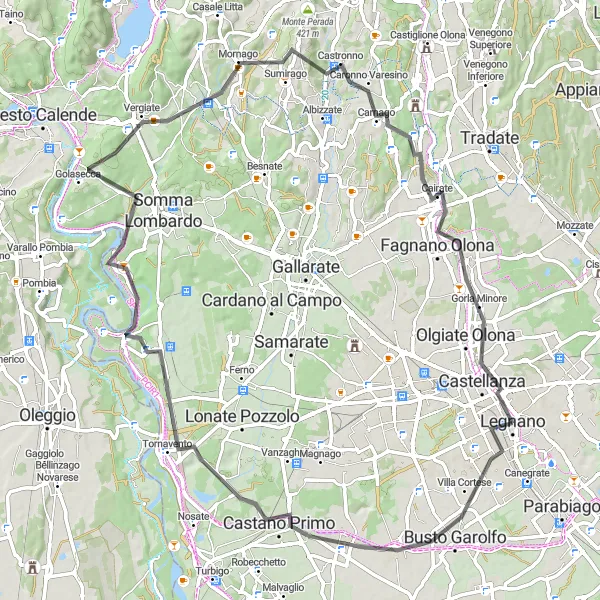 Mapa miniatúra "Výlet cez Golaseccu a Carnago" cyklistická inšpirácia v Lombardia, Italy. Vygenerované cyklistickým plánovačom trás Tarmacs.app