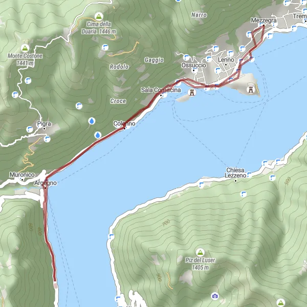 Mapa miniatúra "Gravel route from Lenno to Argegno" cyklistická inšpirácia v Lombardia, Italy. Vygenerované cyklistickým plánovačom trás Tarmacs.app