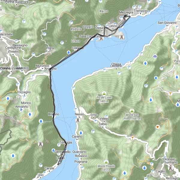Miniaturní mapa "Kolem jezera Como na silnici" inspirace pro cyklisty v oblasti Lombardia, Italy. Vytvořeno pomocí plánovače tras Tarmacs.app