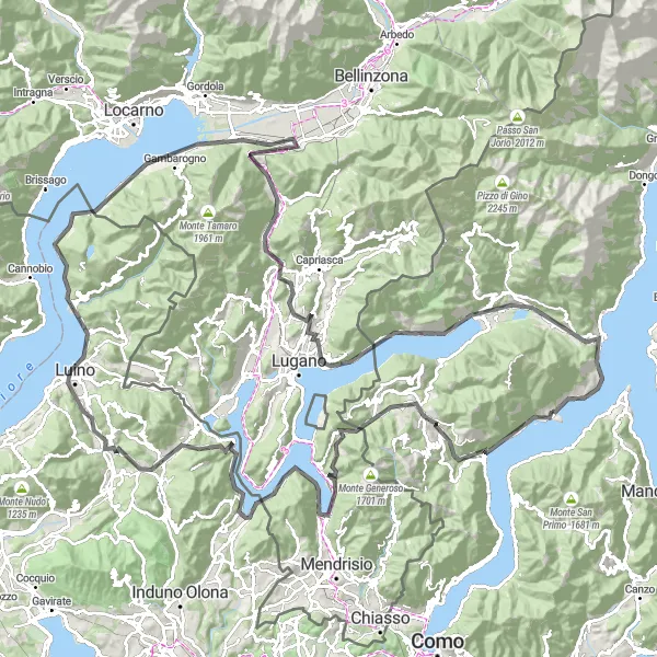 Karttaminiaatyyri "Epic Lake Lugano Cycling Adventure" pyöräilyinspiraatiosta alueella Lombardia, Italy. Luotu Tarmacs.app pyöräilyreittisuunnittelijalla