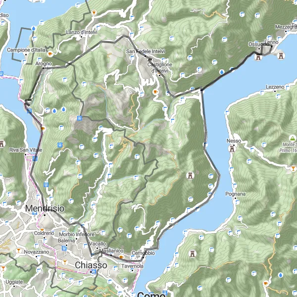Miniatua del mapa de inspiración ciclista "Ruta de Ciclismo de Carretera Escénica cerca de Lenno" en Lombardia, Italy. Generado por Tarmacs.app planificador de rutas ciclistas