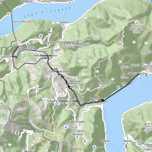 Zemljevid v pomanjšavi "Uživaška kolesarska pot čez griče nad jezerom Como" kolesarske inspiracije v Lombardia, Italy. Generirano z načrtovalcem kolesarskih poti Tarmacs.app