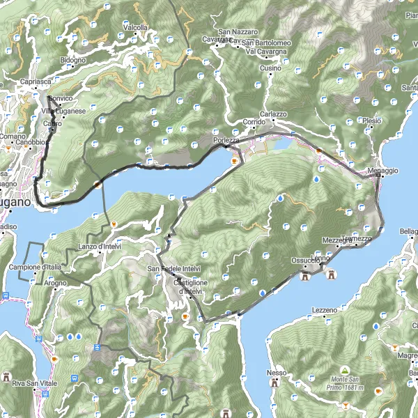 Map miniature of "Lake Como Panoramic Road Ride" cycling inspiration in Lombardia, Italy. Generated by Tarmacs.app cycling route planner