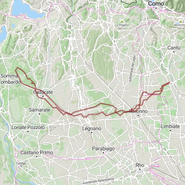 Miniature de la carte de l'inspiration cycliste "Sentiers de gravier autour de Lentate sul Seveso" dans la Lombardia, Italy. Générée par le planificateur d'itinéraire cycliste Tarmacs.app