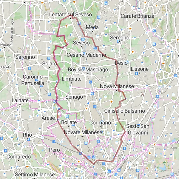 Miniatura della mappa di ispirazione al ciclismo "Giro in Gravel tra Desio e Birago" nella regione di Lombardia, Italy. Generata da Tarmacs.app, pianificatore di rotte ciclistiche